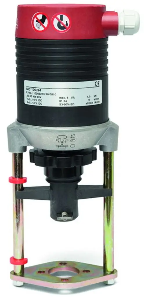 Stellmotor von IMI Hydronic Engineering mit einer klaren Konstruktion, Anschlussmöglichkeiten für verschiedene Steuerungssignale und einem stabilen Montagegestell.